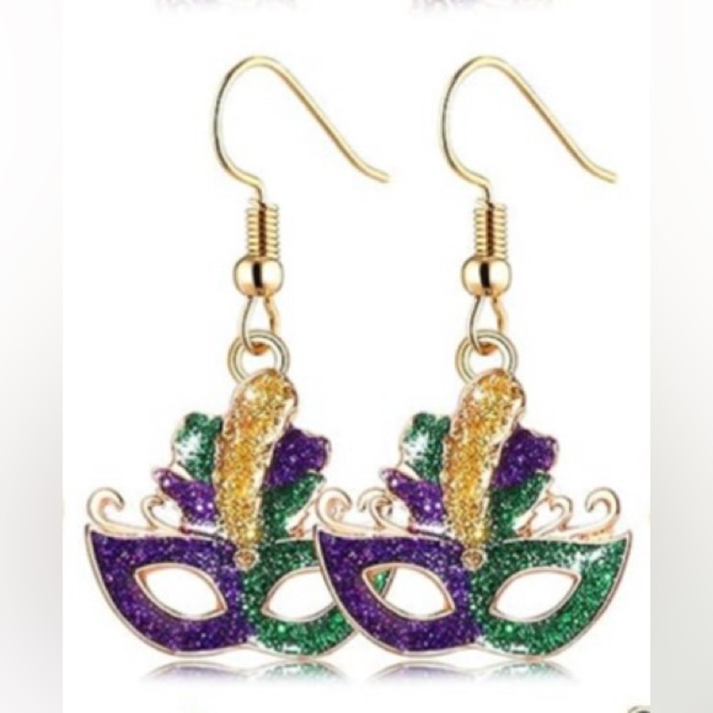Mardi Gras Purple Green and Goldtone Mask Dangle Earrings - New
